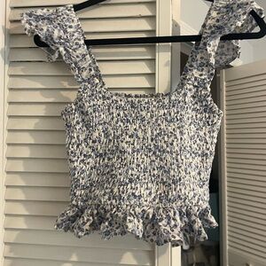 Altar'd State Blue and White Smocked Ruffled Tank Top — Greta Flora Top